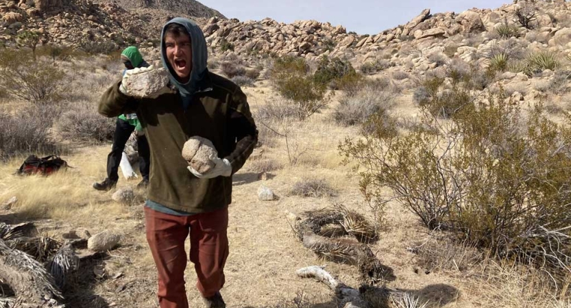 A person carries small rocks in a desert landscape as part of a service project 